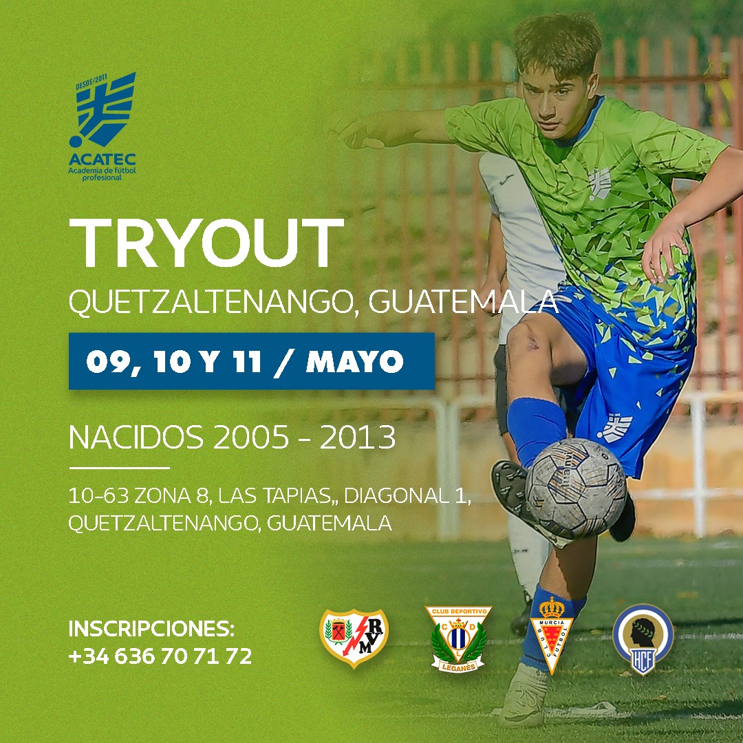 Banner TRYOUT SOCCER SCOUTING Mayo 2025 Quetzaltenango Guatemala
